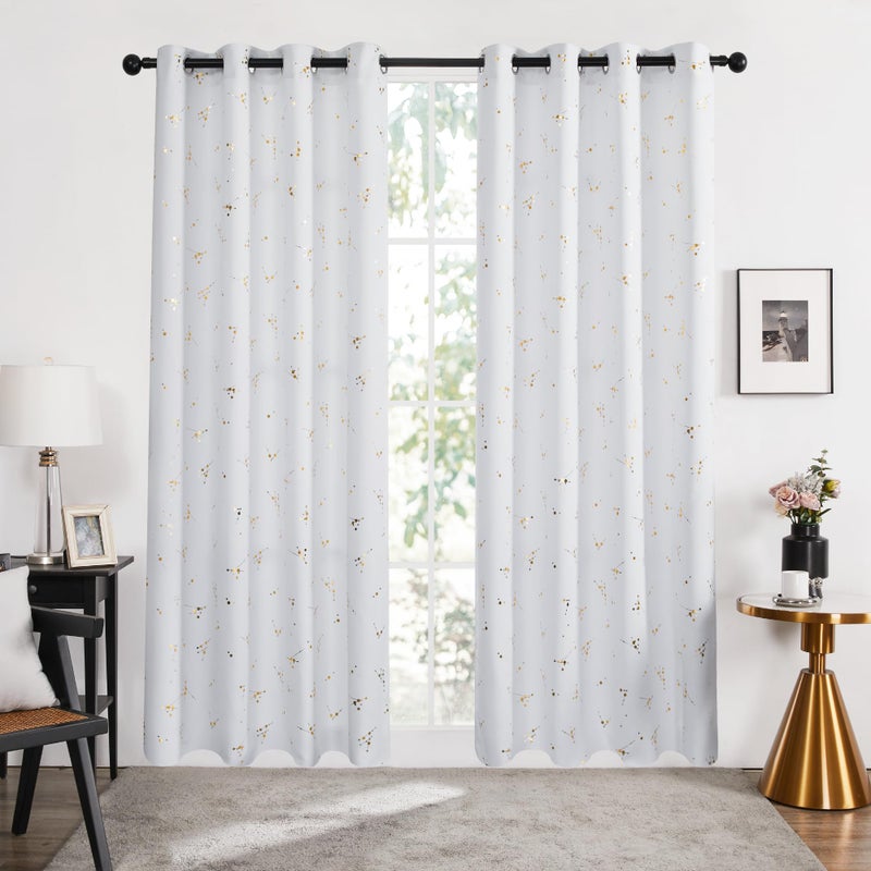 Deconovo Blackout Curtains 2 Panels, 52x84 Inch, Thermal Insulated Room-Darkening Grommet Drapes for Bedroom & Living Room, Gold Constellation Pattern, Polyester, Machine-Washable, Greyish White - Image 2